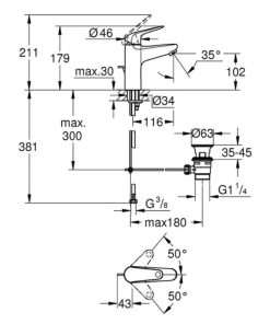 Смесител за умивалник с изпразнител GROHE EURO ECO M-size 24265001 стоящ